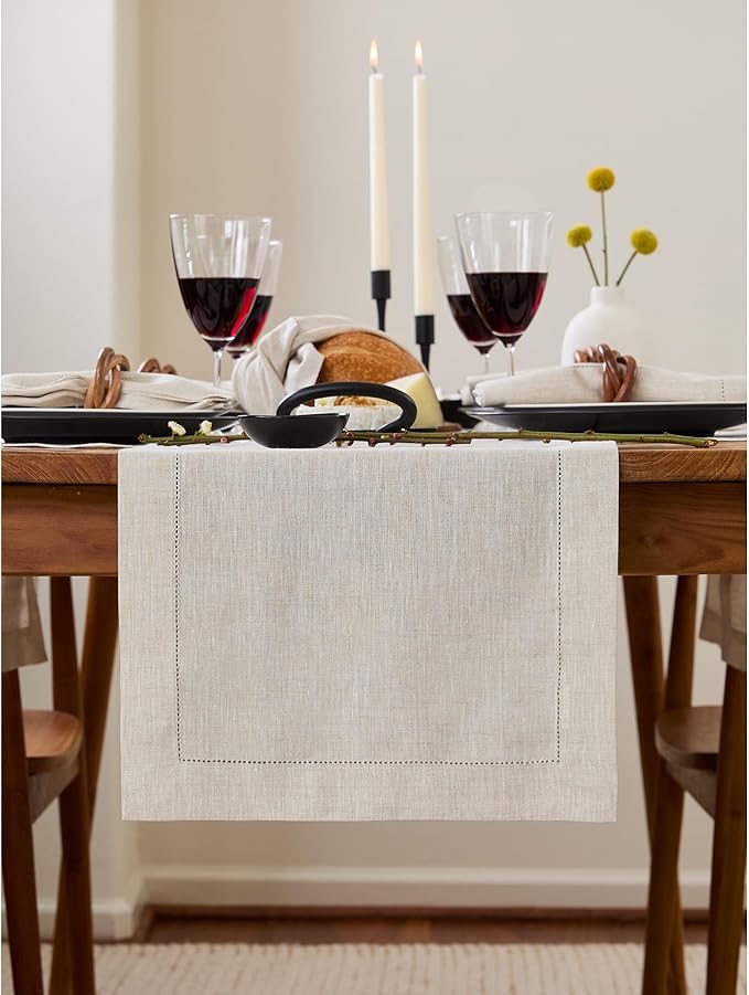 Solino Home Linen Light Natural Table Runner 60 Inches - Classic Hemstitch, 100% Pure Linen Coffee Table Runner 14 x 60 Inch Ideal for Dresser Tables - Spring, Easter