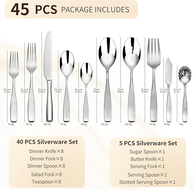 45-Piece 18/10 Stainless Steel Flatware Set for 8, Heavy Duty Silverware Set, Flatware Set with Serving Utensil, High End Flatware, Mirror and Matte Satin Silverware, Dishwasher Safe, Ideal for Gift