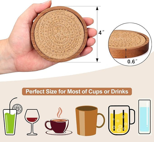 5 Pcs Best Absorbent Wooden Coasters Set - 4 Inches Brown Woven Coaster Modern Acacia Wood Coasters for Drinks, Coffee Table Decor, Farmhouse, Bar, Office, Beer, Kitchen, Dining Room, Outdoor, Desk