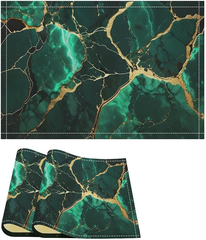 Marble Linen Placemats Set of 2, Modern Luxury Foil Texture Hunter Green White Gold Marble 12x17 Inch Washable Table Mats Non Slip Placemats for Wedding Party Kitchen Banquets Dining Decoration