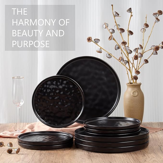 LIANYU Ceramic Dessert Plates Set of 6, 10.2 Inch Dinner Appetizer Plates for Kitchen Dining, Porcelain Round Plate Serving Cake Bread Salad Snack, Microwave & Dishwasher Safe, Obsidian Black