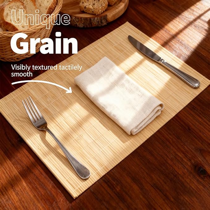 6-Pack Bamboo Placemats,Woven Heat-Resistant Rectangular Table Mats, Natural Dining Place Mats, Rustic Japanese Style Wood Mats for Indoor Dining, Kitchen and Party Use, Beige