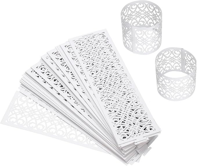 uxcell 100Pcs Napkin Rings Laser Cut Foil Paper, Napkin Holder Hollow Napkin Bands for Weddings Party Serviette Table Decoration Restaurant (White, 5.3 x 1.6)