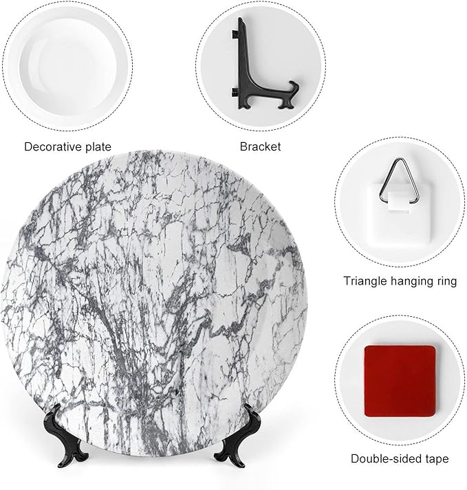 Decorative Plates, Abstract Print Ornament, Murky Marble Rock Motifs Dynamic Fractal, 8 Inch, Kitchen Wall Decor, Grey White