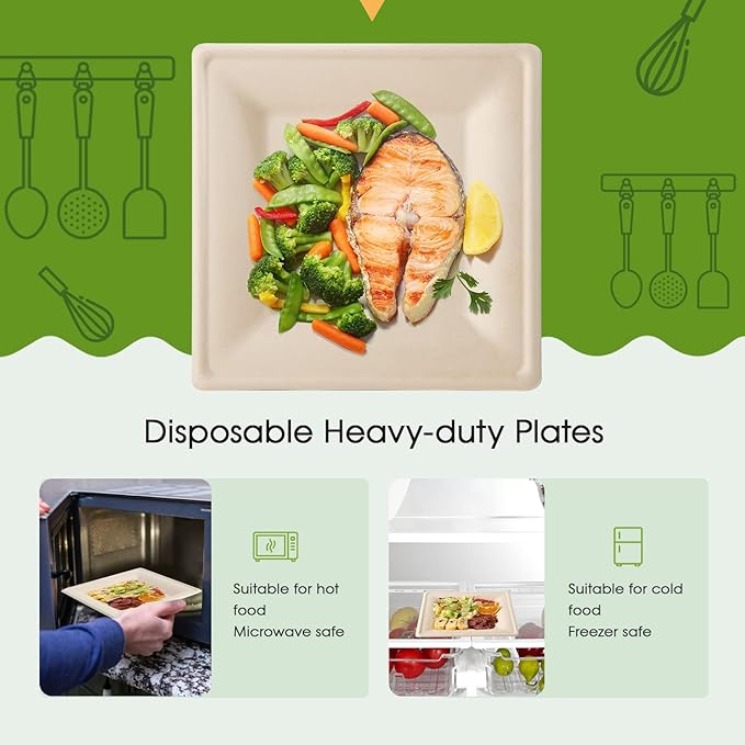 ECOLipak 100 Pack Compostable Square Plates, 10 inch Disposable Paper Plates Made of Sugacane, Eco-friendly Heavy Duty Biodegradable