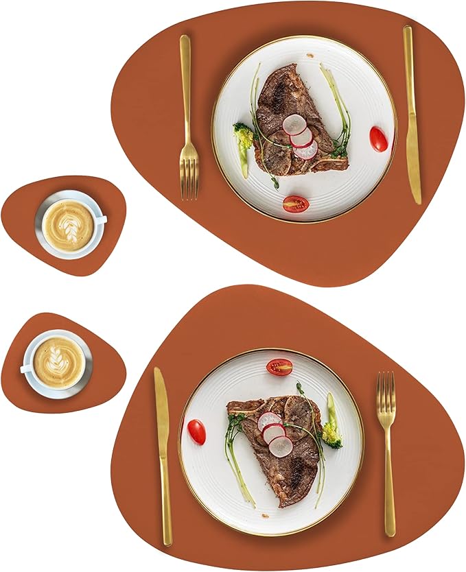 Faux Leather Placemats and Coasters Set, Round Leather for Dinner Table Mats Heat Resistant Washable Insulation Coffee Mats Kitchen Place Mats Nordic Style (Brown, 2 Placemats+2 Coasters)