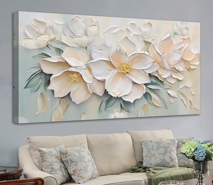 Anolyfi White Textured Flowers Canvas Wall Art for Living Room, Modern Aesthetic Picture Sage Florals Painting Wall Decor, Large Artwork for Hallway Bedroom Office Home Decor 48"x24"