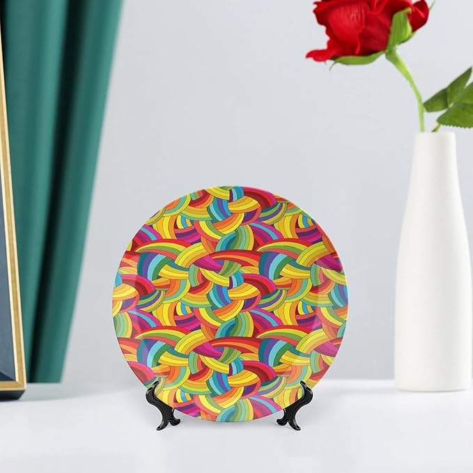 Ceramic Plates, Abstract Decor Decorative Ceramic Plates, Colorful Rainbows Wheels Spiral Wavy Fashionable, 8 Inch, for Dining, Parties, Wedding, Multy