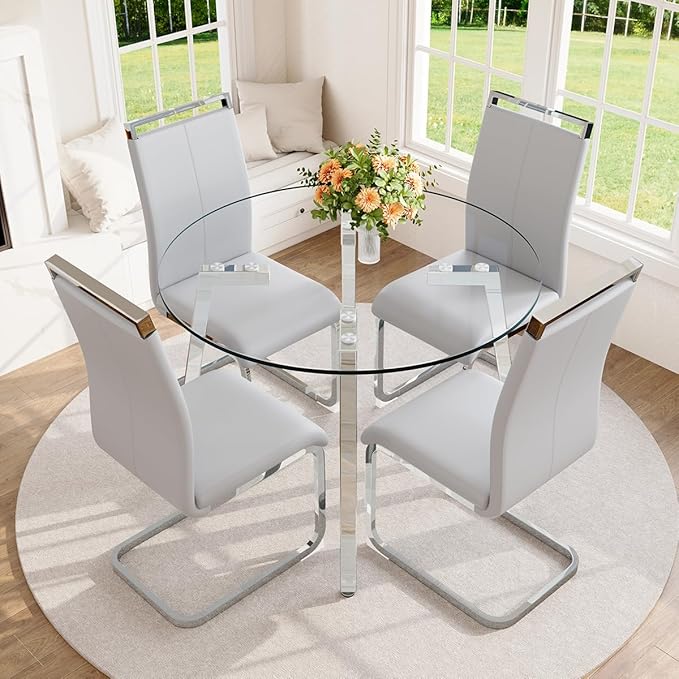 42" Round Glass Dining Table Set for 4,Modern Breakfast Table Set for 4 with Silver Chrome Legs,Space Saving Kitchen Table and Light Grey Chairs for Apartment,Easy Assembly