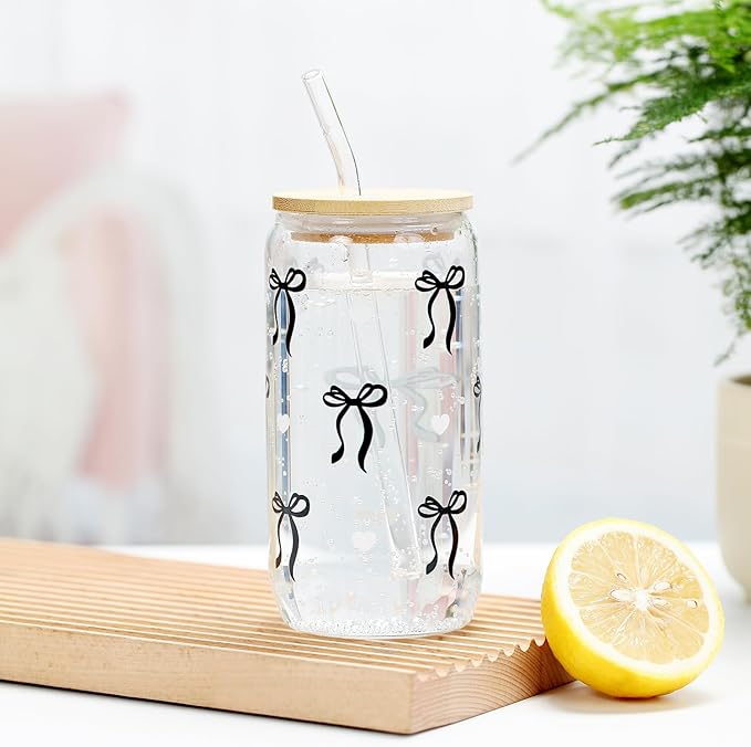 Coquette Black Bow Aesthetic Cup With Gift Box 16oz Glass Cup with Lids Straws and Black Bow Iced Coffee Smoothie Cute Tumbler with Cleaning Brush for Girls Bestfriend Sister Girlfriend, Preppy Stuff