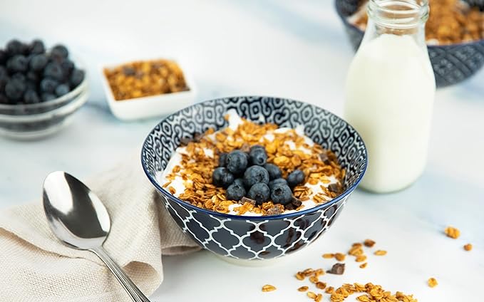 KooK Cereal Bowls, Ceramic Make, Vibrant Color, Multi Color Designs, Bowls for Thanksgiving, Christmas and Kitchen Perfect for Soup, Pasta, Salad, Ice Cream, Blue And White Set of 6, 18oz (Navy)