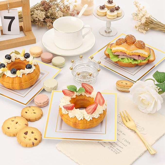 WDF 200PCS Gold Plastic Dessert Plates with Plastic Forks -6” 100 Square Disposable Appetizer Plates Small Plate Cake Plate &100 Gold Small Appetizer Forks for Daily Using Thanksgiving