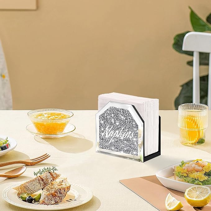 Wocred Mirror Napkin Holder,Crystal Crushed Diamond Vertical Holder,Cute Tissue Holder Holds Napkins Upright for Bathroom，Dining Table，Kitchen Table.(5.9”X5.9”X3”)