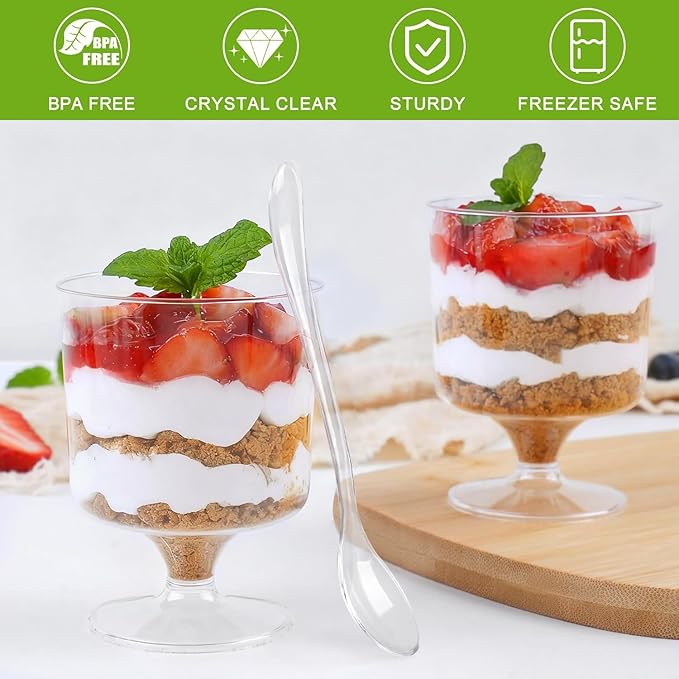 5 oz Mini Dessert Cups with Spoons, 40 Pack Small Dessert Cups Plastic Footed Wine Glasses for Serving Trifles, Appetizers, Puddings, Mousse, Parfait