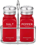 Red Salt and Pepper Shakers Set with Holder by Brighter Barns - Modern Kitchen Decor and Accessories, Dining Room Decor - Cute Salt Shaker with Caddy for Table Centerpiece, Restaurants, Gifts (Red)