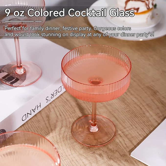 9 oz Pink martini glasses Vintage Art Deco Blush Pink Coupe Glasses Set of 6 Pink Ribbed Cocktail Glasses for Espresso Martini, Champagne,Cosmopolitan,Manhattan,Cocktail
