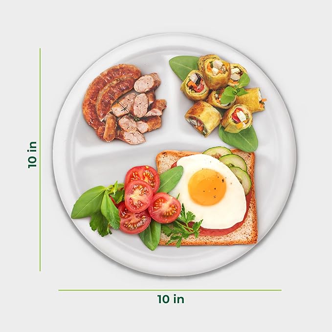 Freshware Paper Plates - Disposable 10" Plate, 500-Pack, Biodegradable Sugarcane Dinner Plates - Heavy Duty Dinnerware - Microwave & Freezer Safe, Stackable Dinnerware - 3-Compartment
