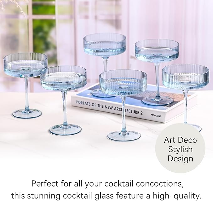 Blue 9 oz Vintage Art Deco Coupe Glasses Set of 6 Blue Ribbed martini Glasses|Vintage Cocktail Glasses Set,Unique Light Sky blue Coupe Glass