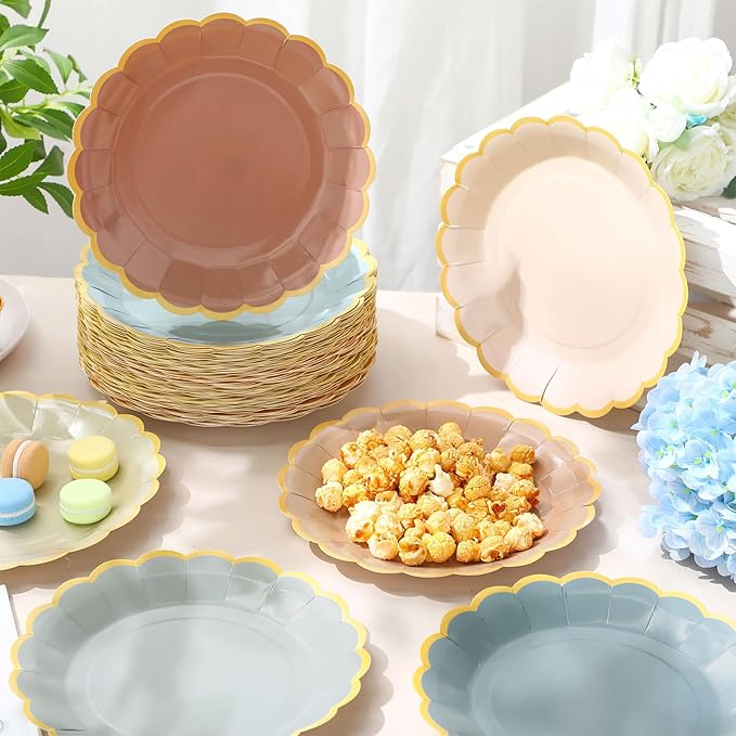 96 Pcs Morandi Color Paper Plates 9 Inch Pastel Scalloped Disposable Colored Boho Dinner Dessert Paper Plates for Birthday Wedding Bridal Party Supplies, 6 Colors