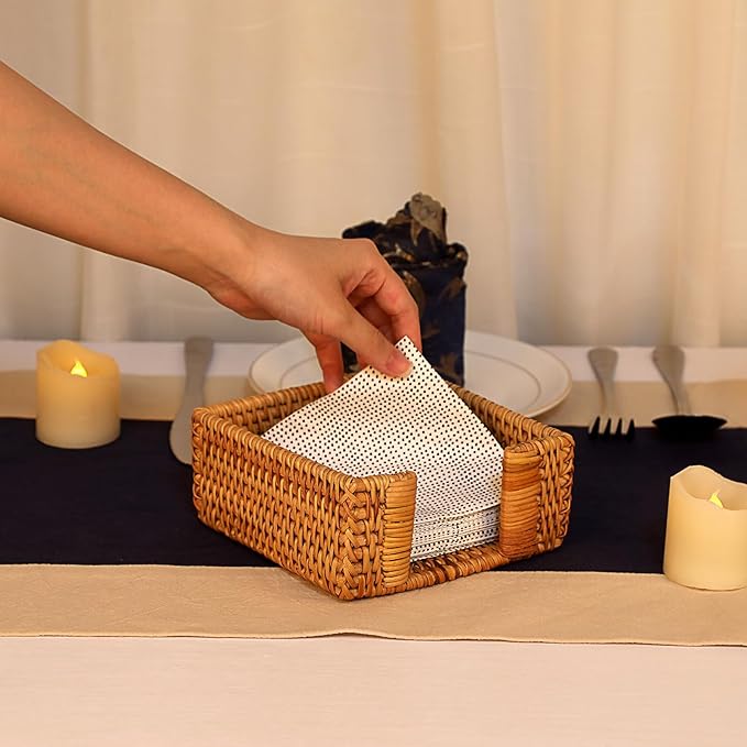 Sumnacon Napkin Holder,Square Rattan Napkin Holder Table Wicker Countertop,Cocktail Napkin Holders Rustic Napkin Holders for Kitchen Dining Table Counter Vintage Napkin Basket for Picnic Wedding Party