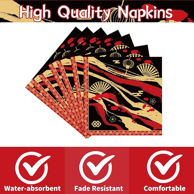 Hibachi Birthday Party Decorations, 50 Sheets Hibachi Party Napkins Disposable Supplies, Asian Japanese Style Paper Napkins Tableware Decor for Birthday Baby Shower (Size 6.5 Inch)