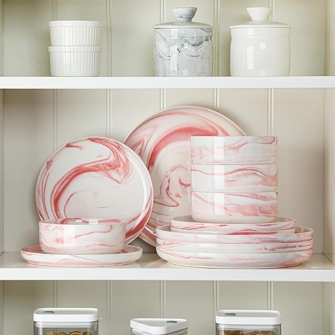 MALACASA Plates and Bowls Sets, 12 Pieces Porcelain Dinnerware Sets Dishware Sets Chip Resistant Ceramic Dish Set Dining Dinner Ware Service for 4, Marble Pink, Series LUNA