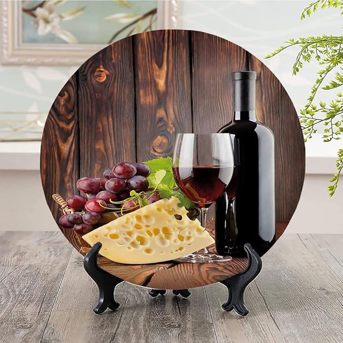 Decorative Plates, Wine Print Ornament, Red Wine Cabernet Bottle and Glass Cheese and, 7 Inch, Kitchen Wall Decor, Brown Burgundy Cream