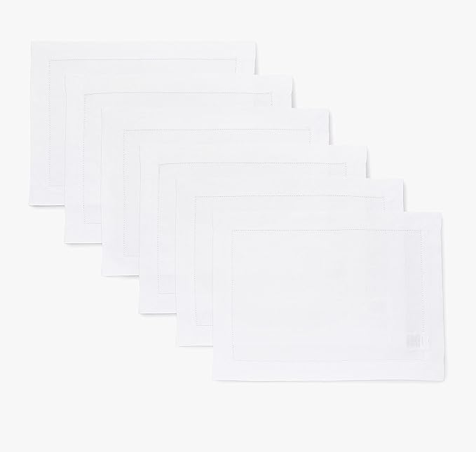 Solino Home Linen Cloth Placemats Set of 6-100% Pure Linen Hemstitch White Placemats 14 x 19 Inch - Classic Hemstitch Table Place Mats for Winter, Valentines, Spring, Easter