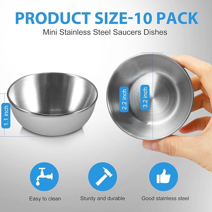 10 Pack 3.2 inch Stainless Steel Sauce Dishes 3.5 oz Mini Individual Saucers Bowl Round Seasoning Dishes Bowl Serving Appetizer Plates for Kitchen Prep Side Dish Soy Sauce Sushi Dip(10)