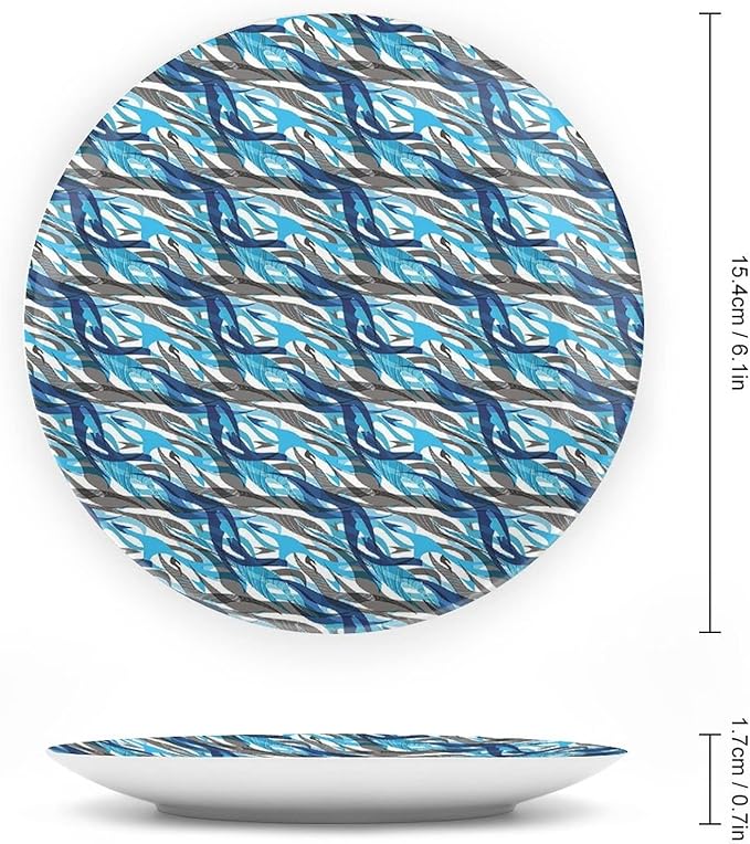 Decorative Plates, Abstract Print Ornament, Modern Art Stripes Swirls Waves Trippy, 8 Inch, Kitchen Wall Decor, Grey Blue White