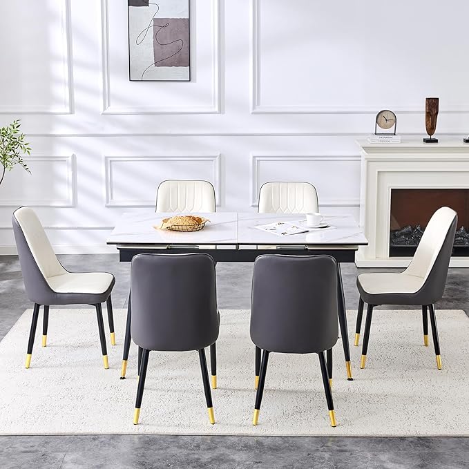 Extendable Dining Table Set for 6, 55'' to 78.8'' Rectangular Thickened Sintered Stone Kitchen Table with 6 Upholstered Chairs, Modern Space Saving 7-Piece Dinner Table Set