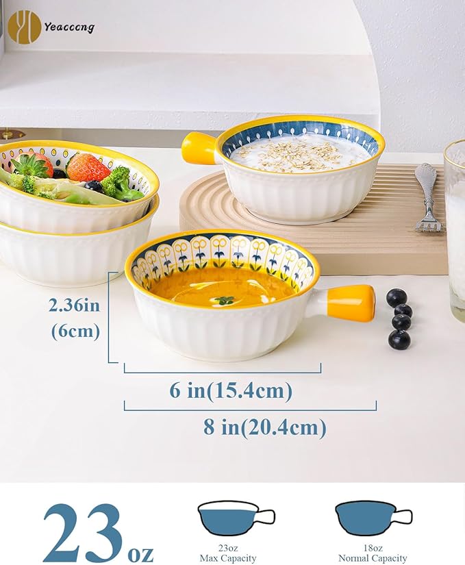 Yeacccng Soup Bowls with Handles, 23 Oz French Onion Soup Bowls Set of 4, Ceramic Soup Bowl for Kitchen, Oven/Microwave Bowls, 6 Inch Ceramic Soup Crocks, Cute Bowls, Scratch-Resistant, Lead-Free