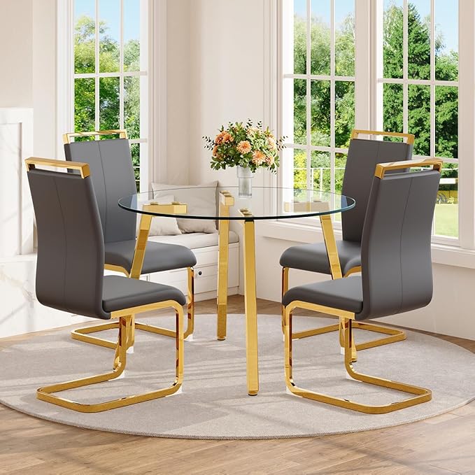 42" Round Glass Dining Table Set for 4,Modern Breakfast Table Set for 4 with Luxury Gold Chrome Legs,Space Saving Kitchen Table and Grey Chairs for Apartment,Easy Assembly