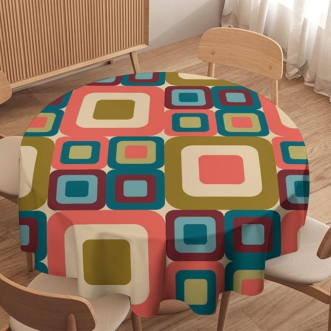 Abstract Geometric Round Tablecloth, Mid Century Modern Middle Century Abstract Patterns Print Tablecloth for Home Party Dining Room Kitchen Decor 60Inch(152cm)