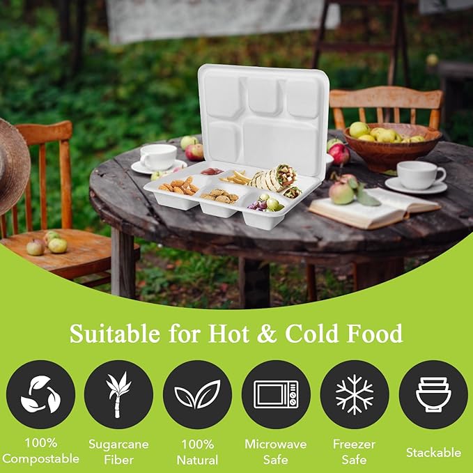 three leaf 5 COMPARTMENT MEAL TRAY WITH LID SET, 50 SETS. Heavy-Duty- Super Strong- Natural- Eco-Friendly Disposable Bagasse Tray with Lid, 100% Biodegradable Plates