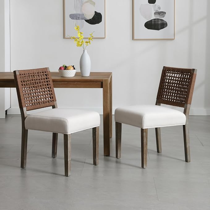 Farmhouse Dining Chairs Set of 2 Linen Fabric Upholstered Accent Side Chair, Mid Century Modern Kitchen & Dining Room Chairs with Woven Rope Back for Home, Living Room, Bedroom - Beige