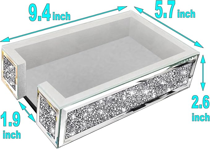 Wocred Mirror Guest Towel Napkin Holder,Crystal Crushed Diamond Dinner Napkin Holder for Dining Table,Rectangle Guest Disposable Towels Tray for Bathroom .(9.4”X5.7”X2.6”)