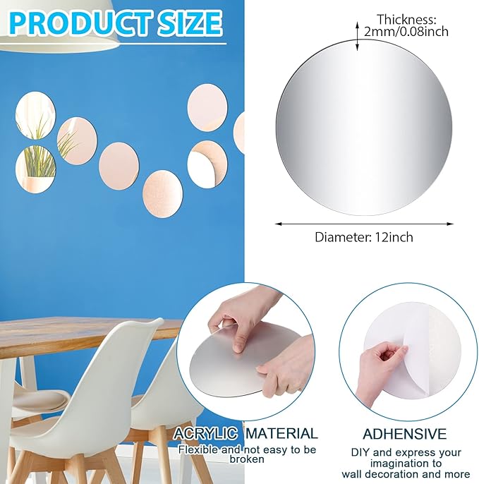 Cindeer Set of 24 Acrylic Round Mirror Plate Circle Mirror Trays Wedding Baby Shower Party Centerpieces for Tables Self Adhesive Non Glass Stickers for Home or Wall Candle Crafts Decor(12 Inch)