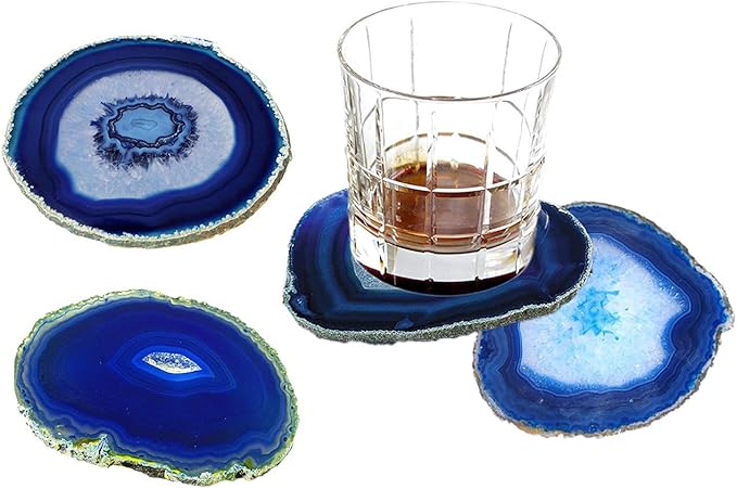 AMOYSTONE Blue Agate Coasters Set of 4, 3.5-4 Inch Polished Gemstone Coasters with Rubber Bumpers, Elegant Wedding Gift for Couples, Home Bar Decor
