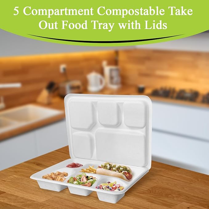three leaf 5 COMPARTMENT MEAL TRAY WITH LID SET, 25 SETS. Heavy-Duty- Super Strong- Natural- Eco-Friendly Disposable Bagasse Plates with lid, 100% Biodegradable Plates