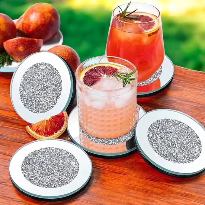 Crushed Diamond Crystal Glass Mirrored Round Coasters Set of 4 Glittering Bling Silver TRENDZY ® Drink Wine Coasters for Home Kitchen Bar & Restaurant Home Decor Birthday Wedding (Round)