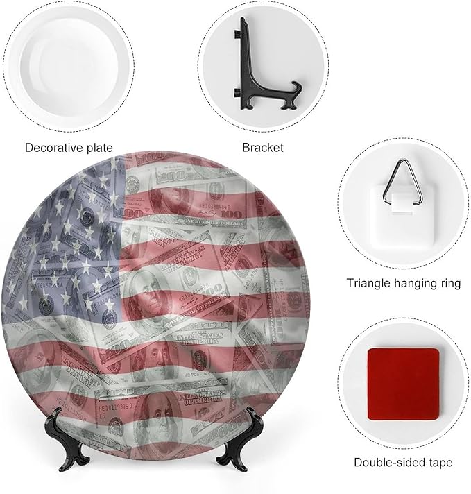 Decorative Plates, American Flag Print Ornament, Dolar Exchange, 8 Inch, Kitchen Wall Decor, Multicolor