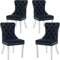 KCC Velvet Dining Chairs Set of 4, Upholstered High-end Tufted Dining Room Chair with Nailhead Back Ring Pull Trim Stainless Steel Legs, Contemporary Nikki Collection Modern Style for Kitchen, Black