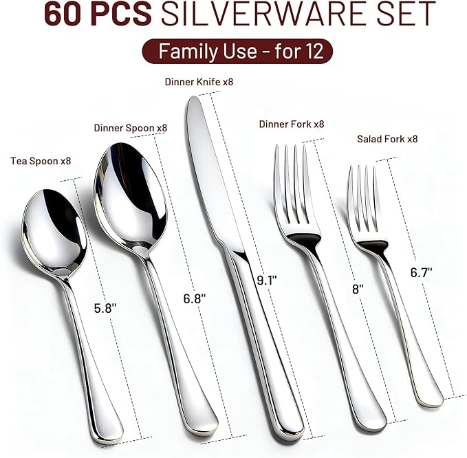 KIKCOIN 60 Pack Silverware Set for 12, Heavy Duty Stainless Steel Flatware Set, Mirror Polished Forks and Spoons Knife Set, Dishwasher Safe Cutlery Utensils Set for Home Kitchen Restaurant Wedding