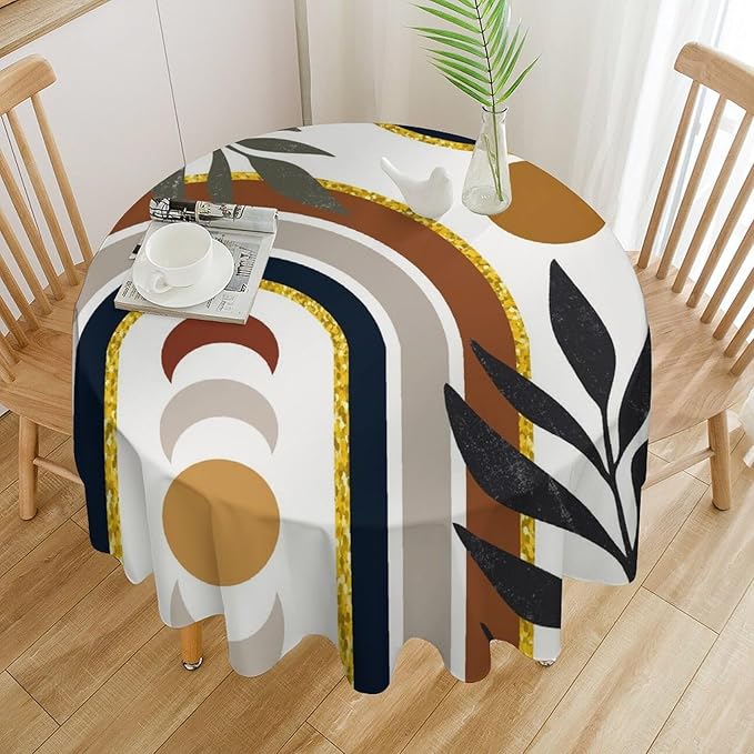 Mid Century Boho Round Tablecloth, Modern Abstract Sun Moon Bohemian Leaves Tablecloth for Home Party Dining Room Kitchen Decor 50Inch(127cm)