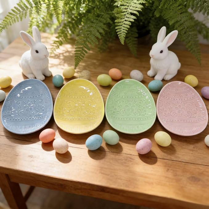 Havawish 4 Pack Easter Pastel Ceramic Dessert Plates 7 Inch Egg Accent Plates for Easter Parties Appetizer Salad Snacks Family Meals Spring Kitchen Table Decor