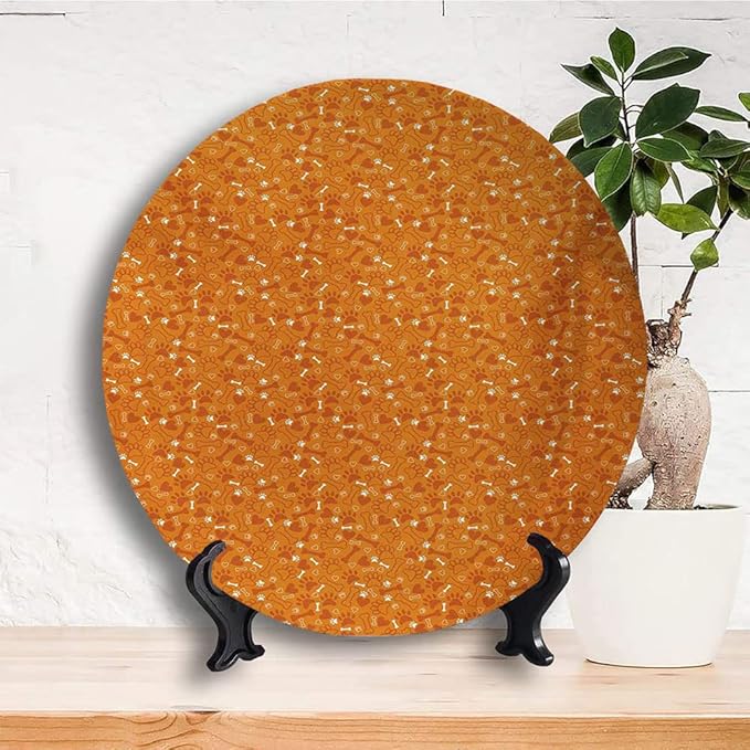 Ceramic Display Plate, Dog Bone Ceramic Hanging Decorative Plate, Pattern with Paw Prints Bones and Hearts Veterinary, 10 Inch, Living Room Kitchen Decoration Household
