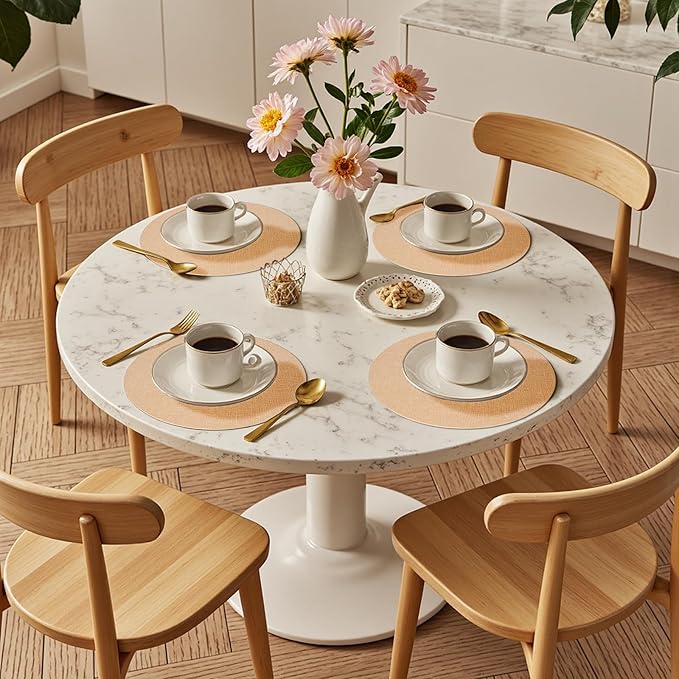 Round Wipeable Placemats Set of 6 – Faux Leather Round Table Mats, Waterproof & Washable Vinyl Placemats, Circle Design for Dining Table Decor– Warm Tan