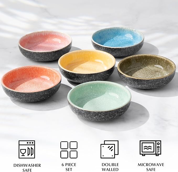 MIAMIO - Mini Dipping Bowls Set of 6 (3 oz) / Side Dish Bowl, Soy Sauce Dish, Dip Bowls, Small Snack Bowls - Las Palmitas Collection