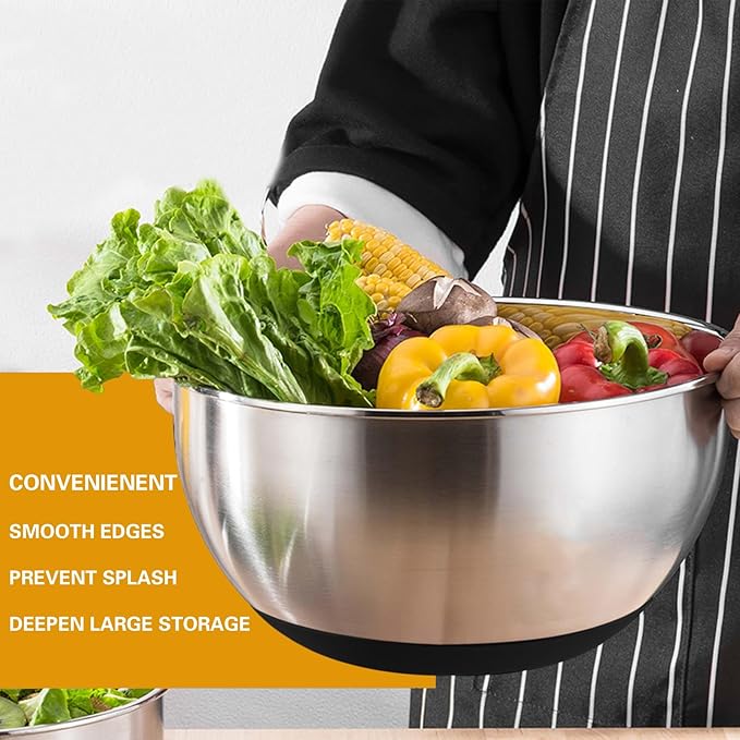 Mixing Bowls with Airtight Lids, 20 piece Stainless Steel Metal Nesting Bowls, Non-Slip Silicone Bottom, Size 7, 3.5, 2.5, 2.0,1.5, 1,0.67QT Great for Mixing, Baking, Serving (Black)